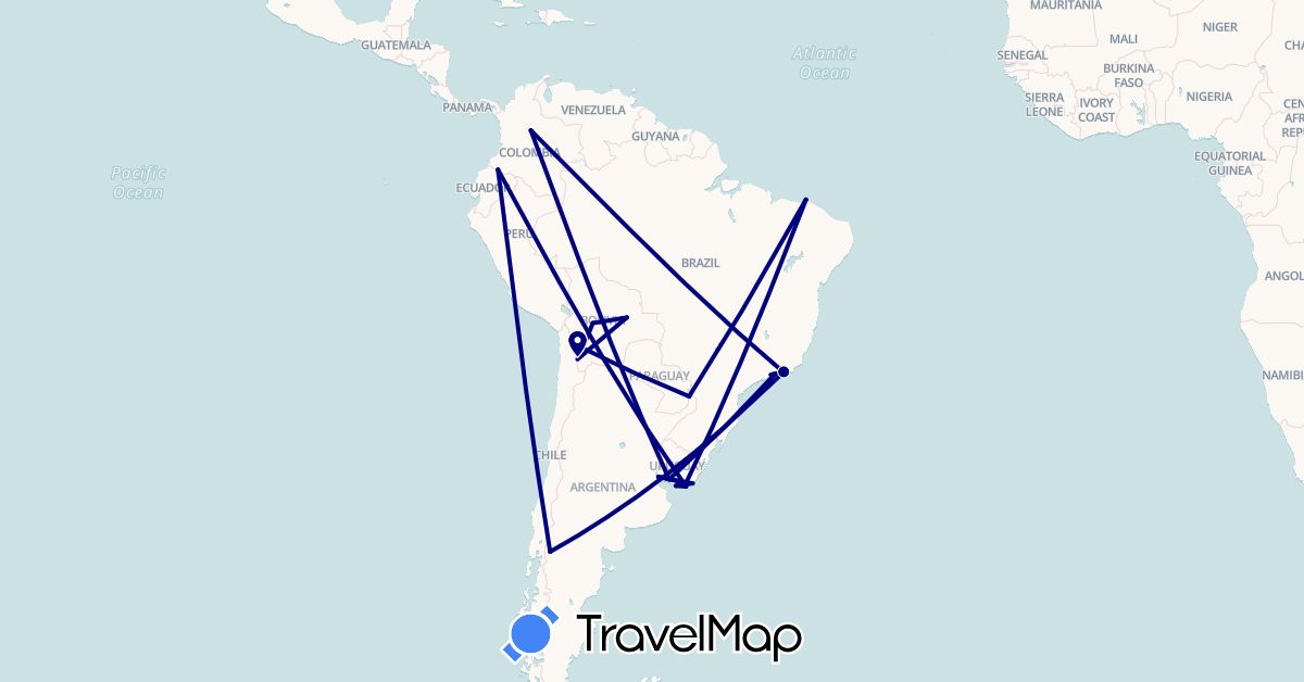 TravelMap itinerary: driving in Argentina, Bolivia, Brazil, Colombia, Uruguay (South America)